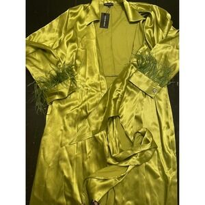 Forever Amelia Chartreuse Green Satin Wrap Maxi Dress Feather Cuff Womens 14 NEW